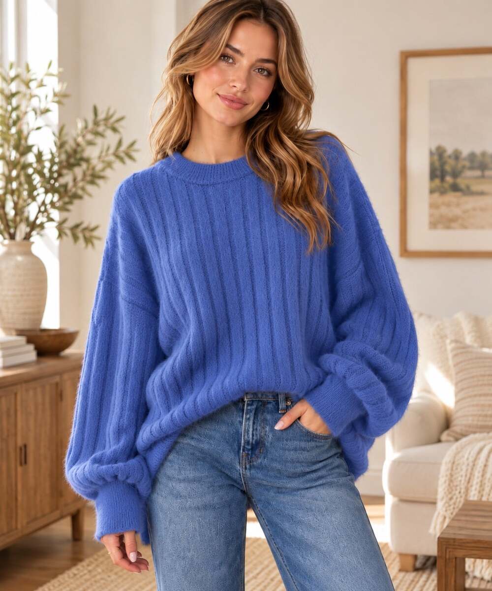 Aerie Blue Fuzzy Ribbed Knit Sweater Women's XS Oversized Cozy Crewneck